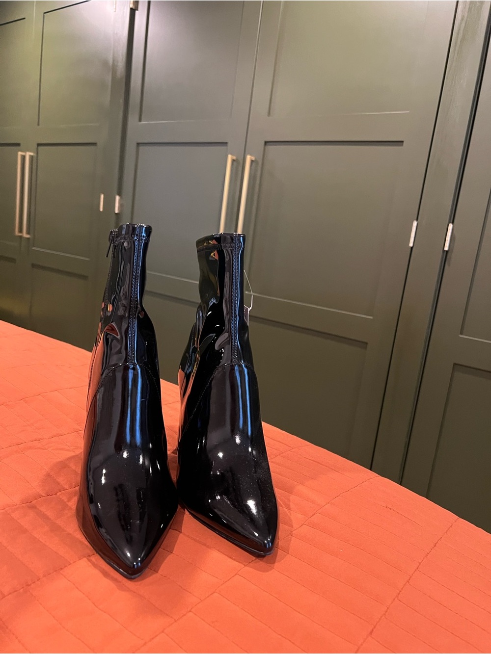 Black Patent Pointed Toe Ankle Block Heel Boots